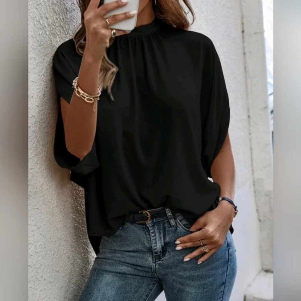 NWT Flowy Tie Dolman Sleeve Top Blouse Black